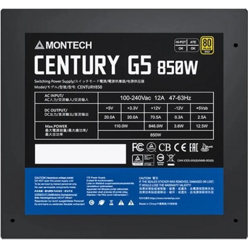 Блок питания Montech ATX 850W CENTURY GOLD G5 с 80+ Gold сертификацией, APFC и 10xSATA кабелями - надежность и мощность для вашего ПК