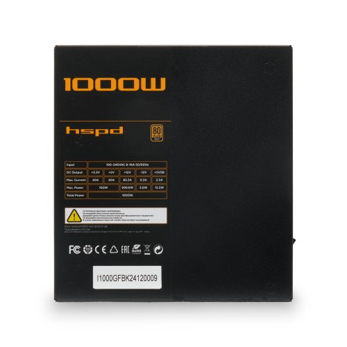 Блок питания/ Power Supply HSPD, 1000W 80+ Gold (ATX, 3.1, PCIe 5.1, Full modular, 1x24(20+4)pin 600mm, 2xCPU 8(4+4)pin 700mm, 2xPCIe*2 8(6+2)pin 550+150mm, 1x12V(2x6) 12+4pin 600W 550mm 2xSATA*3 500+150+150mm, 1xMOLEX4pin*3+FDD 500+150+150+150mm , Active