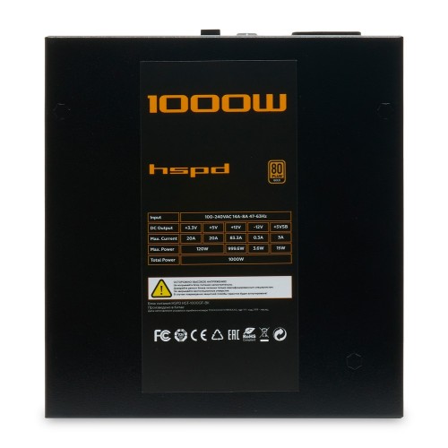 Блок питания/ Power Supply HSPD, 1000W 80+ Gold (ATX, 2.52, Full modular, 1x24(20+4)pin 600mm, 2xCPU 8(4+4)pin 700mm, 2xPCIe*2 8(6+2)pin 600+150mm, 2xSATA*3 500+150+150mm, 1xMOLEX*3 500+150+150mm , Active, 120x120mm, 150x140x86mm, APFC, OVP, OPP, SCP, UVP