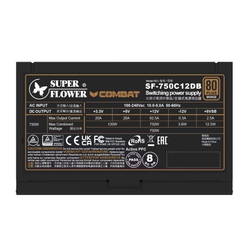 Блок питания 750Вт/ Power Supply Super Flower Combat DB ATX 3.1, 750W, ATX, 120mm, 6xSATA, 3xPCI-E(6+2), 1xPCI-E 16, APFC, 80+ Bronze, non-Modular Super Flower