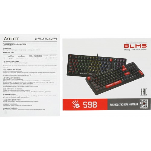Механическая клавиатура A4Tech S98 RED для геймеров с LED подсветкой и USB подключением (1.8м)