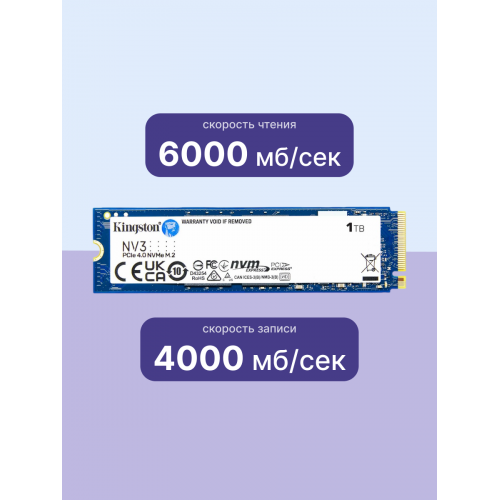 Твердотельный накопитель/ Kingston SSD NV3, 1000GB, M.2(22x80mm), NVMe, PCIe 4.0 x4, 3D TLC, R/W 6000/4000MB/s, TBW 320, DWPD 0.2 (60 мес) Kingston