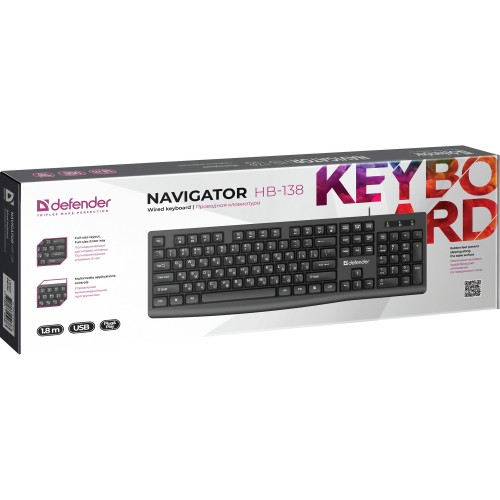 Клавиатура Defender Navigator HB-138 RU: Проводная, 104 кнопки, черная, длина 1.8 м