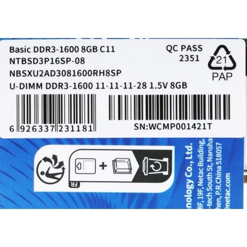Память DDR3 8GB 1600MHz Netac NTBSD3P16SP-08: Высокопроизводительная DIMM 240-pin для вашего ПК
