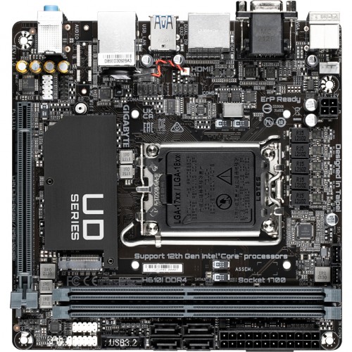 Материнская плата/ MB GIGABYTE INTEL H610 s1700, 2xDDR4(64GB), D-SUB/HDMI 1.4/2xDP, 1xPCIe 4.0x16, 1xLAN, 4xSATA 6Gb/s, 1xM.2, 2xUSB 3.2, 4xUSB 2.0, 1xPS/2, mini ITX