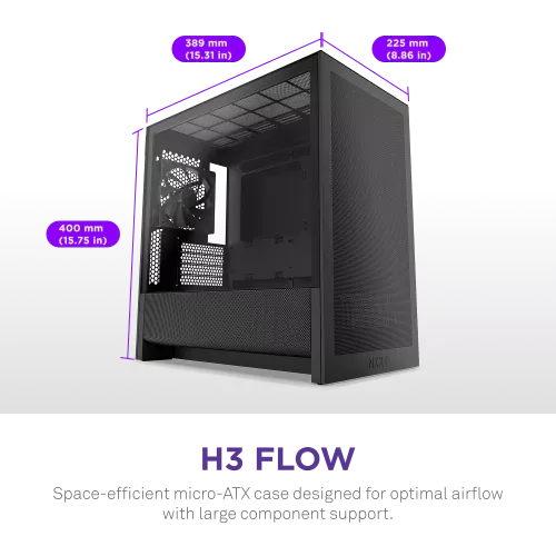 Корпус без блока питания/ Case NZXT H3 Flow (2025), Midi-Tower, TG, 1x120mm, 1xUSB-A 3.2 + 1xUSB-C 3.2, mATX, mITX Black NZXT