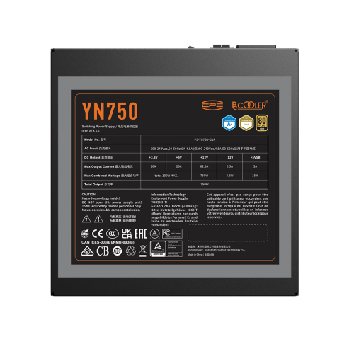 Блок питания ПК/ Power Supply PCCooler, 750W 80+ Gold (ATX, 3.1, PCIe 5.1 600W, Full modular, 1x24(20+4)pin 550mm, 2xCPU 8(4+4)pin 650mm, 3xPCIe 8(6+2)pin 500mm, 1x12V(2x6) 12+4pin 650mm, 3xSATA*3+MOLEX4pin*1 450+120+120+120mm , Active, 135x135mm, 150x150