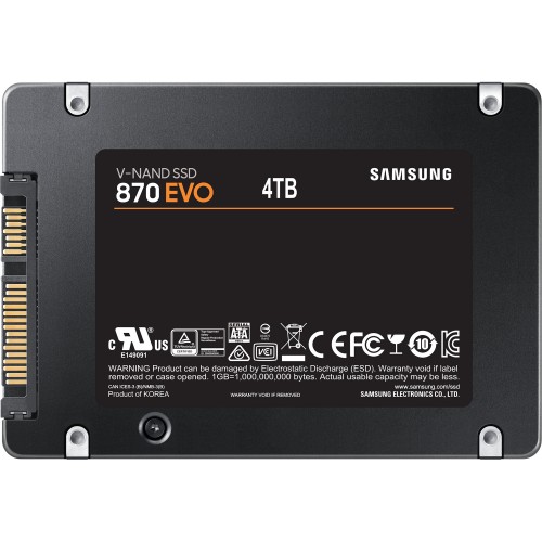 Твердотельный накопитель/ Samsung SSD 870 EVO, 4000GB, 2.5" 7mm, SATA3, 3-bit MLC, R/W 560/530MB/s, IOPs 98 000/88 000, DRAM buffer 4096MB, TBW 2400, DWPD 0.33 (12 мес.) Samsung Electronics