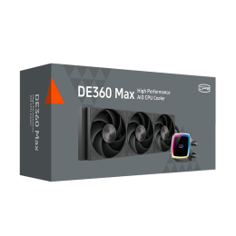 Система охлаждения/ Water Cooling System PCCooler DE360 MAX BK (300W, 360mm, Black, ARGB Pump, Fans: 3x120mm, 66CFM, 34.3dBA, 2200RPM/ Pump height 54mm, 15dBA, 2600RPM, Rad thickness 27mm/ S: 1851, 1700, 1200, 115X, AM5, AM4, AM3)
