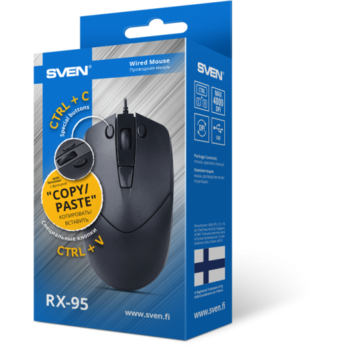 Мышь SVEN RX-95 чёрная (кн. копировать-вставить. 5+1кл. 1000-4000 DPI, кор.) Sven