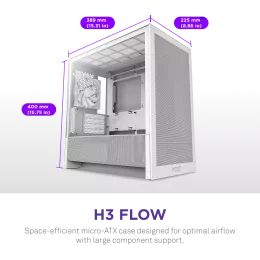 Корпус без блока питания/ Case NZXT H3 Flow (2025), Midi-Tower, TG, 1x120mm, 1xUSB-A 3.2 + 1xUSB-C 3.2, mATX, mITX White