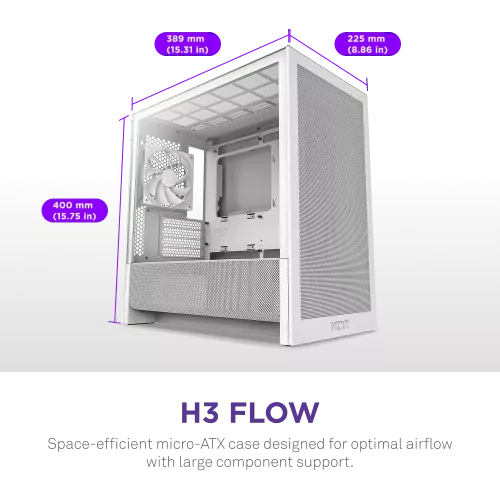 Корпус без блока питания/ Case NZXT H3 Flow (2025), Midi-Tower, TG, 1x120mm, 1xUSB-A 3.2 + 1xUSB-C 3.2, mATX, mITX White NZXT