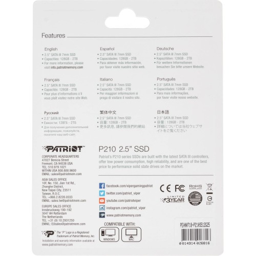 Купить твердотельный накопитель Patriot SATA-III 512GB P210S512G25 2.5 — высокая скорость и надежность для вашего ПК