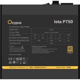 Блок питания ПК/ Power Supply Ocypus Iota P750, Model P750-GF, 750W 80+ Gold (ATX, 3.1, Full modular, 1x24(20+4)pin, 2xCPU 8(4+4)pin, 3xPCIe*2 8(6+2)pin, 1x12V-2x6, 8xSATA3 , Active, 120x120mm, 150x140x86mm, APFC, black)