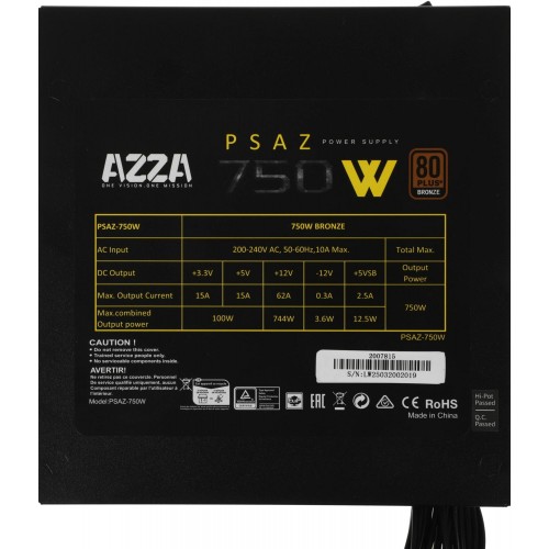 Блок питания Azza ATX 750W PSAZ-750W с 80+ Bronze, APFC и 120mm вентилятором - идеальное решение для стабильной работы вашего ПК