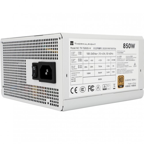 Блок питания ПК/ Power Supply Thermalright, 850W 80+ Gold (ATX, 3.0, PCIe 5.0, Non-modular, 1x24(20+4)pin, 1xCPU 8(4+4)pin, 2xPCIe*2 8(6+2)pin, 5xSATA3, 1x12+4pin (12VHPWR PCIe 5.0 12+4pin 600mm), 3xMOLEX4pin, Active, 120x120mm, 150x140x86mm, APFC, white)