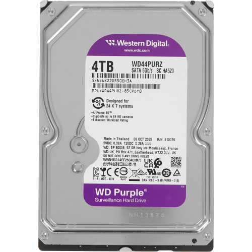 Жесткий диск WD Purple 4TB SATA3 для видеонаблюдения - 5400 RPM, 128MB кеш, 1 год гарантии