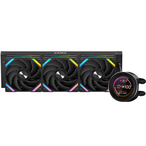 Водяное охлаждение для процессора/ Water Cooling System SAMA Q60 Black (360mm, LED temp., Black, ARGB/ Fans: 3x120mm, 86CFM, 30dBA, 2600RPM/ Pump height 64mm, 30dBA, 2800RPM, Rad thickness 27mm/ S: 1851, 1700, 1200, 20XX, 115X, AM5, AM4) SAMA