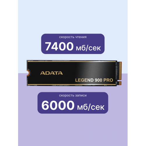 Твердотельный накопитель/ ADATA SSD LEGEND 900 PRO, 1000GB, M.2(22x80mm), NVMe 1.4, PCIe 4.0 x4, 3D NAND, R/W 7400/6000MB/s, IOPs н.д./н.д., TBW 600, DWPD 0.3 (5 лет) ADATA