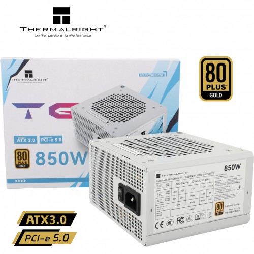Блок питания ПК/ Power Supply Thermalright, 850W 80+ Gold (ATX, 3.0, PCIe 5.0, Non-modular, 1x24(20+4)pin, 1xCPU 8(4+4)pin, 2xPCIe*2 8(6+2)pin, 5xSATA3, 1x12+4pin (12VHPWR PCIe 5.0 12+4pin 600mm), 3xMOLEX4pin, Active, 120x120mm, 150x140x86mm, APFC, white)