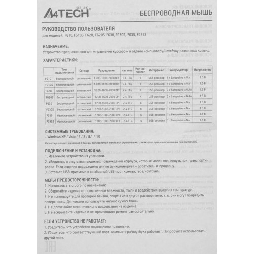 Беспроводная оптическая мышь A4Tech Fstyler FG20 белая, 2000dpi, 4 кнопки для ноутбука