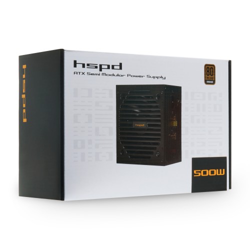 Блок питания/ Power Supply HSPD, 500W 80+ Bronze (ATX, 2.31, Semi-modular, 1x24(20+4)pin 550mm, 1xCPU*2 8(4+4)pin 600+150mm, 1xPCIe*2 8(6+2)pin 500+150mm, 2xSATA*3 400+150+150mm, 1xMOLEX4pin*3+FDD 400+150+150+150mm , Active, 120x120mm, 150x140x86mm, APFC,