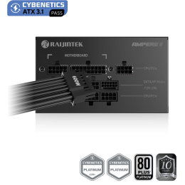 Блоки питания/ Power Supply Raijintek AMPERE II 850, 850W 80+ Platinum (ATX, 3.1, PCIe 5.1, Full-modular, 1x24(20+4)pin, 2x4+4-pin CPU, 3x6+2-pin PCIe, 1x12V(2x6), 10xSATA3, 5xMolex, Active, 120x120mm, 150x140x86mm, APFC, black)