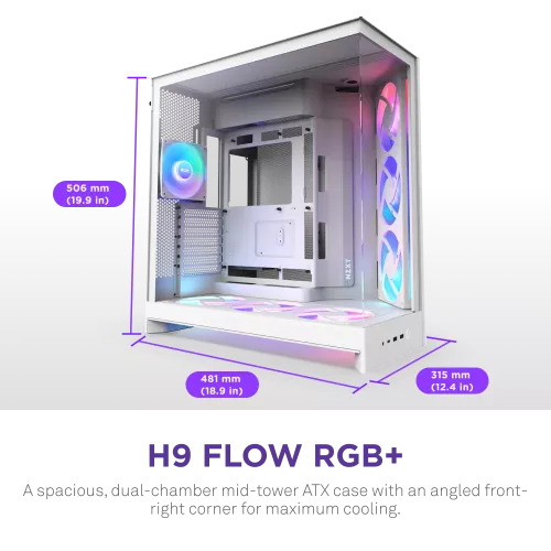 Корпус без блока питания/ Case NZXT H9 Flow RGB+ (2025), Midi-Tower, TG, 6x140mm RGB + 1x120mm RGB, 2xUSB-A 3.2 + 1xUSB-C 3.2, E-ATX, ATX, mATX, mITX White NZXT