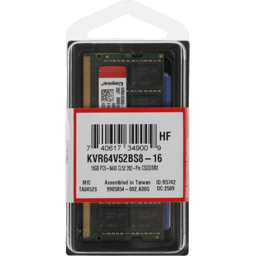 Купить Память DDR5 16GB 6400MHz Kingston KVR64V52BS8-16 Valueram RTL - Высокопроизводительный SO-DIMM 262-pin для ПК