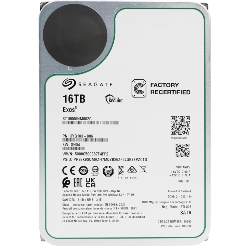 Жесткий диск/ HDD Seagate SATA 16Tb Exos 6Gb/s 7200 512Mb OFFICIAL RECERTIFIED MTBF - 2.5M hrs 1 year warranty (replacement ST16000NM001G, ST16000NM000J, MG08ACA16TE, MG09ACA16TE, MG11ACA16TE, WUH721816ALE6L4)
