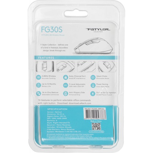 Мышь A4Tech Fstyler FG30S белый/серый оптическая 2000dpi silent беспров. USB 6but (FG30S WHITE)