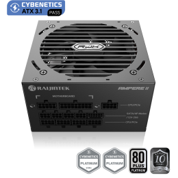 Блоки питания/ Power Supply Raijintek AMPERE II 850, 850W 80+ Platinum (ATX, 3.1, PCIe 5.1, Full-modular, 1x24(20+4)pin, 2x4+4-pin CPU, 3x6+2-pin PCIe, 1x12V(2x6), 10xSATA3, 5xMolex, Active, 120x120mm, 150x140x86mm, APFC, black)