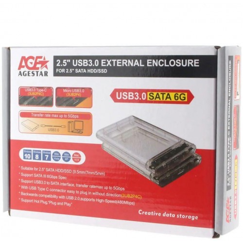 Внешний корпус для HDD/SSD AgeStar 3UB2P4C SATA III USB3.0 пластик прозрачный 2.5" [3UB2P4C]