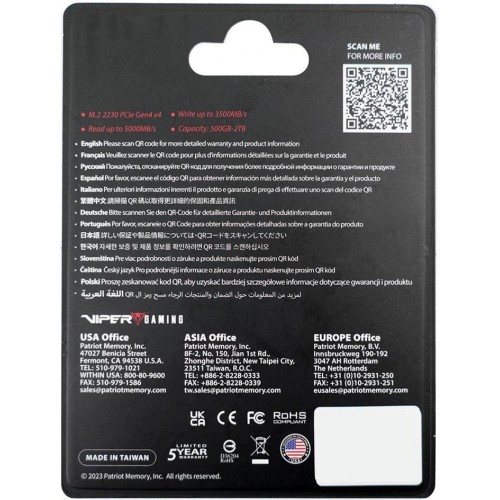 Накопитель SSD Patriot PCIe 4.0 x4 500GB VP4000M500GM23 Mini M.2 2230 - Высокая Скорость и Надежность для Вашего Устройства