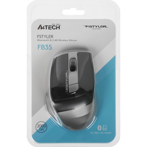 Мышь A4Tech Fstyler FB35 серый оптическая 2000dpi беспров. BT/Radio USB для ноутбука 6but (FB35 SMOKY GREY)