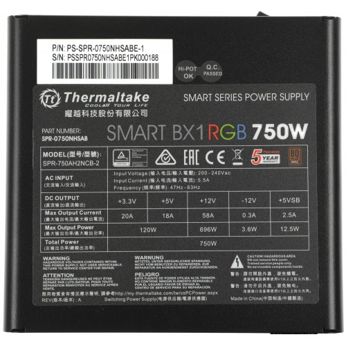 Блок питания Thermaltake ATX 750W Smart BX1 RGB 80+ Bronze с 120mm вентилятором и 8xSATA - Высокая производительность и стильный дизайн