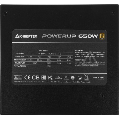 Блок питания Chieftec ATX 650W PowerUp GPX-650FC 80+ gold 24pin APFC 120mm fan 9xSATA Cab Manag RTL [GPX-650FC]