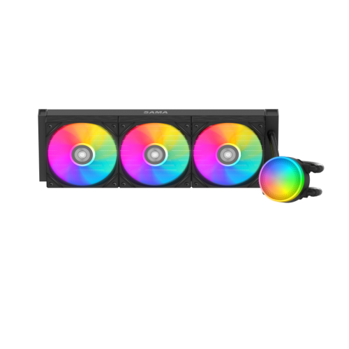 Водяное охлаждение для процессора/ Water Cooling System SAMA Q70 Black (360mm, LED temp., Black, ARGB/ Fans: 3x120mm, 86CFM, 30dBA, 2600RPM/ Pump height 64mm, 30dBA, 2800RPM, Rad thickness 27mm/ S: 1851, 1700, 1200, 20XX, 115X, AM5, AM4) SAMA