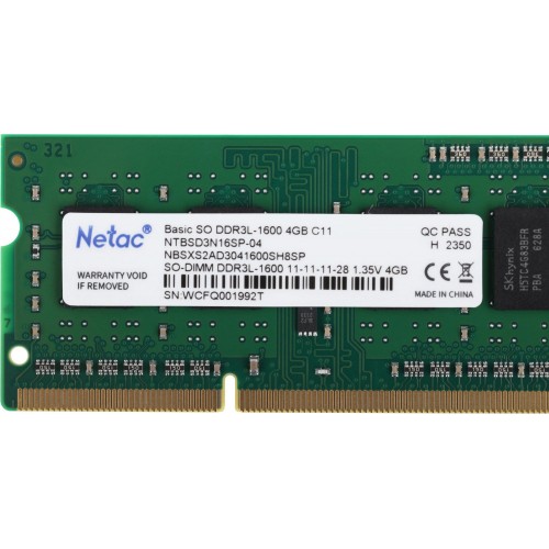 Память DDR3L 4Gb 1600MHz Netac NTBSD3N16SP-04 - SO-DIMM 204-pin, 1.35В, CL11, Single Rank для ноутбуков