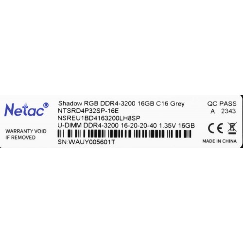 Оперативная память DDR4 16Gb 3200MHz Netac NTSRD4P32SP-16E с RGB подсветкой и радиатором - Высокая производительность для вашего ПК