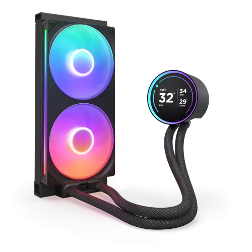 Система жидкостного охлаждения для ПК/ Water Cooling System NZXT Kraken Elite 280 RGB (250W, 280mm, LED temp., Black/ Fans: 2x140mm, 98.61CFM, 34.5dBA, 2000RPM/ Pump height 65mm, 2800RPM, Rad thickness 27mm/ S: 1851, 1700, 1200, 115X, AM5, AM4) NZXT