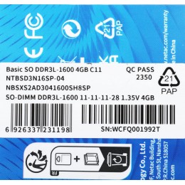 Память DDR3L 4Gb 1600MHz Netac NTBSD3N16SP-04 Basic RTL PC3-12800 CL11 SO-DIMM 204-pin 1.35В single rank Ret