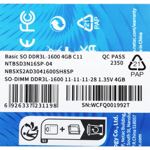 Память DDR3L 4Gb 1600MHz Netac NTBSD3N16SP-04 - SO-DIMM 204-pin, 1.35В, CL11, Single Rank для ноутбуков