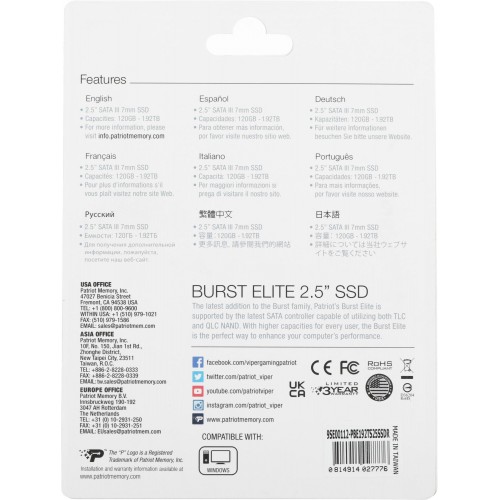 Твердотельный накопитель Patriot SATA-III 1.92TB PBE192TS25SSDR Burst Elite 2.5 - Высокая производительность и надежность для вашего ПК
