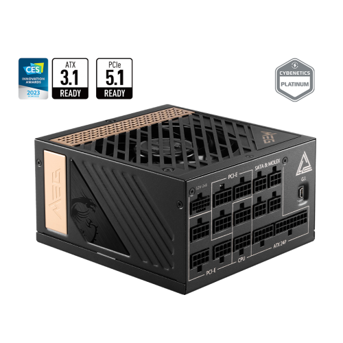 Блок питания ПК/ Power Supply MSI MEG Ai1300P PCIE5, 1300W 80+ Platinum (ATX, 3.1, PCIe 5.1, Full modular, 1x24(20+4)pin, 1xCPU 8(4+4)pin, 8xPCIe*2 8(6+2)pin, 1x12VHPWR, 16xSATA3, 4xMOLEX4pin, Active, 120x120mm, 160x150x86mm, APFC, black) MSI