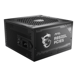 Блок питания ПК/ Power Supply MSI MAG A850GL PCIE5, 850W 80+ Gold (ATX, 3.0, PCIe 5.0, Full modular, 1x24(20+4)pin, 2xCPU 8(4+4)pin, 4xPCIe*2 8(6+2)pin, 1x12VHPWR, 8xSATA3, 4xMOLEX4pin, Active, 120x120mm, 150x140x86mm, APFC, black)