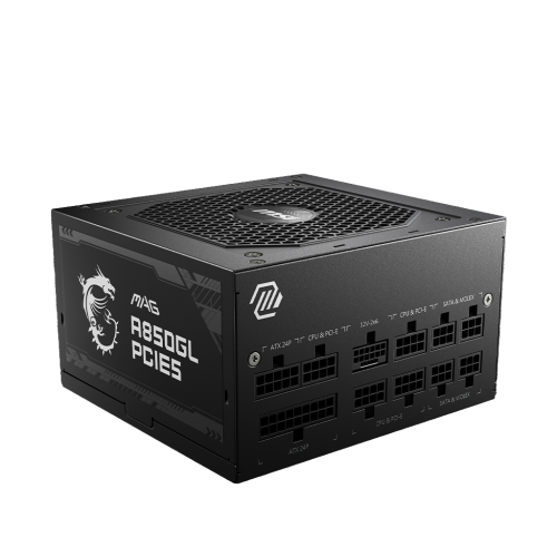 Блок питания ПК/ Power Supply MSI MAG A850GL PCIE5, 850W 80+ Gold (ATX, 3.0, PCIe 5.0, Full modular, 1x24(20+4)pin, 2xCPU 8(4+4)pin, 4xPCIe*2 8(6+2)pin, 1x12VHPWR, 8xSATA3, 4xMOLEX4pin, Active, 120x120mm, 150x140x86mm, APFC, black) MSI