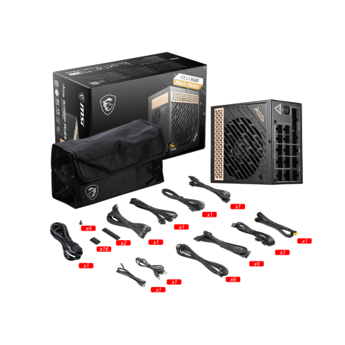 Блок питания ПК/ Power Supply MSI MEG Ai1300P PCIE5, 1300W 80+ Platinum (ATX, 3.1, PCIe 5.1, Full modular, 1x24(20+4)pin, 1xCPU 8(4+4)pin, 8xPCIe*2 8(6+2)pin, 1x12VHPWR, 16xSATA3, 4xMOLEX4pin, Active, 120x120mm, 160x150x86mm, APFC, black) MSI