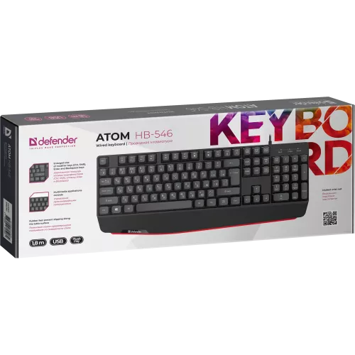 Defender Проводная клавиатура Atom HB-546 RU,черный,104+FN,1.8м Defender