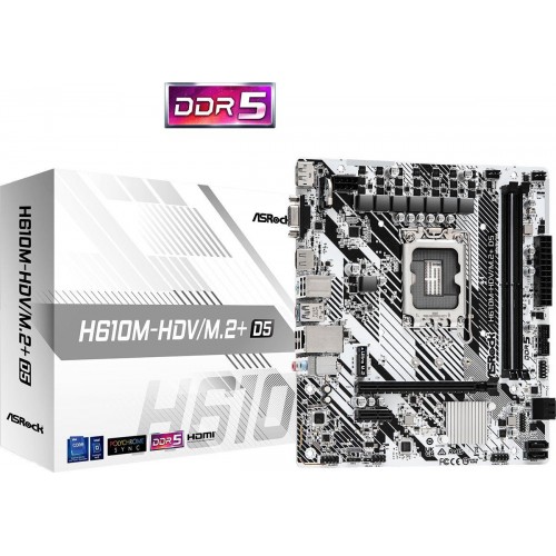 Купить материнскую плату Asrock H610M-HDV/M.2+ D5 Soc-1700: Intel H610, 2xDDR5, mATX, 8ch звук, HDMI и DP